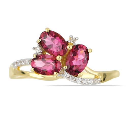 BUY 14K GOLD NATURAL RHODOLITE GEMSTONE THREE STONES RING WITH WHITE DIAMOND